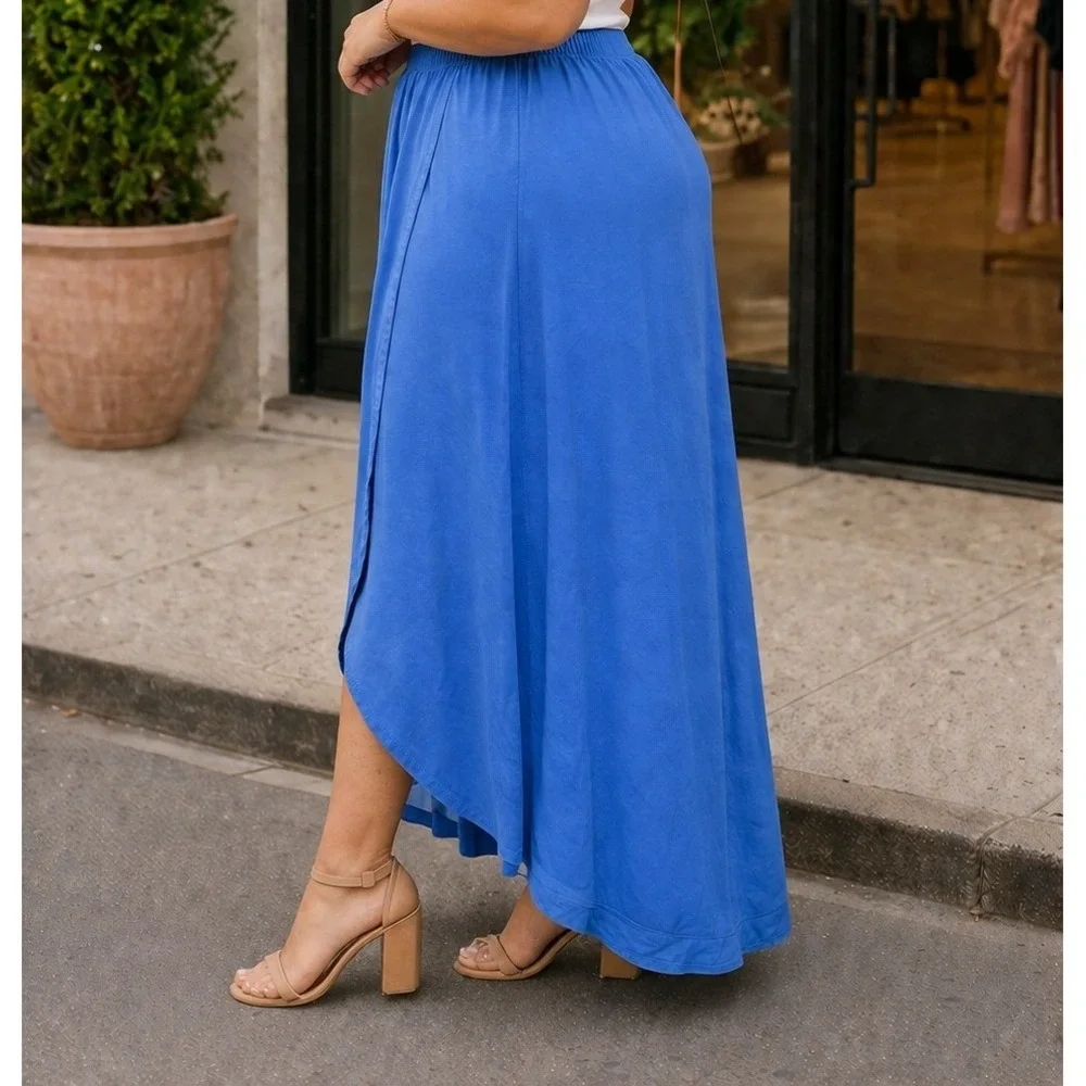 Blue High Low Tulip Hem‎ Maxi Skirt Elastic Waist Faux Wrap Drape Skirt